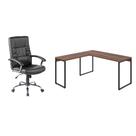 Conjunto de Mesa Kuadra Nogal 150 cm com Cadeira de Escritório Presidente Giratória com Relax Office Plus Preta