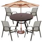 Conjunto de Mesa Piscina Sevilha Mesa 1,20m Alumínio + 4 Cadeiras Tela Sling e Guarda Sol