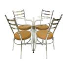 Conjunto de Mesa Redonda com 4 Cadeiras Cromadas Reforço Assento Caramelo e Tampo de Vidro