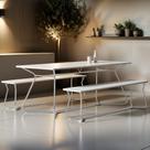 Conjunto de Mesa Retangular com 2 Bancos Retrô para Área Gourmet 180x90cm Varetas Branco/Cromado Conjunto de Mesa Retangular com 2 Bancos Retrô para Área Gourmet 180x90cm Varetas Branco/Cromado