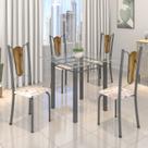 Conjunto de Mesa Tubular 75x75cm Tampo de Vidro com 4 Cadeiras Júlia Prata/Botanic Bege/Madeira
