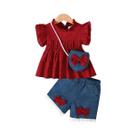 Conjunto De Moda De Verão Para Bebê Menina, Tops Azuis Com Babados, Mangas Voando, Shorts E Mini