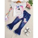 Conjunto De Moda De Verão Para Meninas, Camiseta Com Estampa De Unicórnio E Calças Boca De Sino Com Conjunto De Moda De Verão Para Meninas, Camiseta Com Estampa De Unicórnio E Calças Boca De Sino Com