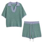 Conjunto De Moda Feminina Com Camisa De Gola Listrada E Calças Curtas Com Cintura Elástica, Conjunto