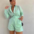 Conjunto De Moda Feminina De Verão Com Camisa De Manga Longa E Botões E Shorts Em 2 Peças