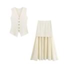 Conjunto De Moda Feminina: Saia De Cintura Alta Com Patchwork E Colete De Tricô Liso Com Fechamento