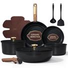 Conjunto de Panelas de Cerâmica CAROTE 15 Peças, Conjunto Antiaderente com Alças Destacáveis, Utensílios de Cozinha Não Tóxicos para Indução, Seguros para Lava-louças e Forno, Livre de PFAS, Preto e Dourado