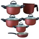 Conjunto de Panelas Teflon Antiaderente 06 Peças Tampa De Vidro Cor Vermelho - RL