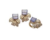 Conjunto de Pedra Lavanda Fusion com Folhas Cravejadas Banhado a Ouro - Brinco e Anel
