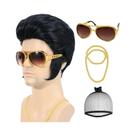 Conjunto De Peruca Cosplay Masculina Estilo Rockabilly Elvis Anos 50 Com Óculos De Sol E Colar,