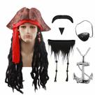 Conjunto de perucas Cosplay Pirate Captain com chapéu, bandana, barba e muito mais
