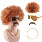 Conjunto de perucas de cosplay estilo afro marrom encaracolado com óculos de sol e bigode