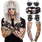 Conjunto de perucas de cosplay estilo rocker dos anos 80, comprido, encaracolado, marrom-branco