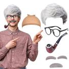 Conjunto de perucas de cosplay para homem velho com cachimbo, óculos, bigode e sobrancelhas