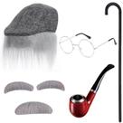 Conjunto de perucas de cosplay para homem velho com chapéu, barba, sobrancelhas e cachimbo