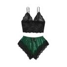 Conjunto De Pijama De Cetim Feminino Com Top De Renda E Shorts Preto E Rosa, Lingerie Respirável