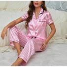 Conjunto De Pijama De Seda Com Estampa Listrada Para Mulheres, Manga Curta, Confortável E Relaxado,