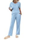 Conjunto de pijama Ekouaer para mulheres de manga curta com botões em azul claro