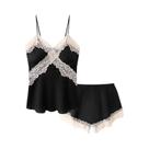 Conjunto De Pijama Em Cetim Preto Com Renda Para Mulheres, Top Cami Sexy, Shorts, Decote Em V, Alças