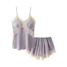 Conjunto De Pijama Em Cetim Preto Com Renda Para Mulheres, Top Cami Sexy, Shorts, Decote Em V, Alças