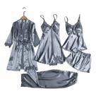 Conjunto de pijama feminino de cetim, 5 peças com painéis de renda, casamento 2024
