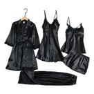 Conjunto de pijama feminino de cetim, 5 peças com painéis de renda, noite de núpcias