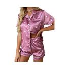 Conjunto De Pijama Feminino De Cetim Com Estampa De Corações, Blusa De Manga Curta Com Gola Lapela E