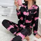 Conjunto De Pijama Feminino De Cetim Com Estampa De Gato Fofo, Blusa De Manga Comprida Com Gola Conjunto De Pijama Feminino De Cetim Com Estampa De Gato Fofo, Blusa De Manga Comprida Com Gola