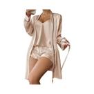 Conjunto de Pijama Feminino de Cetim - Manga Longa, Decote V, Shorts e Robe Conjunto de Pijama Feminino de Cetim - Manga Longa, Decote V, Shorts e Robe