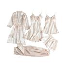 Conjunto De Pijama Feminino De Seda Gelada Com Camisola De Manga Comprida E Shorts, E Robe Sem
