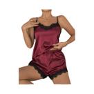 Conjunto De Pijama Feminino De Seda Gelo E Cetim Champanhe Com Camisola Decote Baixo E Shorts Conjunto De Pijama Feminino De Seda Gelo E Cetim Champanhe Com Camisola Decote Baixo E Shorts