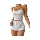 Conjunto De Pijama Feminino De Verão Com Estampa De Coração, Top Cropped Com Decote Redondo E