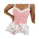Conjunto De Pijama Feminino De Verão Em Malha Canelada Com Estampa Floral, Camisola Com Renda E