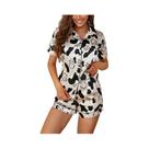 Conjunto De Pijama Feminino Em Cetim Com Estampa De Vaca, Blusa De Manga Curta E Shorts Com Gola
