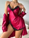 Conjunto De Pijama Feminino Em Cetim Liso Com Manga Longa, Robe De Renda Com Cinto E Vestido Slip