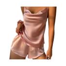 Conjunto De Pijama Feminino Em Cetim Liso Com Top Cami Decote V E Shorts Com Cintura Elástica Para