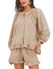 Conjunto de pijama feminino Flygo Gingham, 2 peças, marrom, 100% algodão