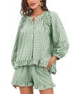 Conjunto de pijama feminino Flygo Gingham, 2 peças, verde, 100% algodão