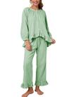 Conjunto de pijama feminino Flygo xadrez de algodão guingão com babados verdes