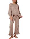 Conjunto de pijama feminino Flygo, xadrez, guingão, algodão, marrom (XS)