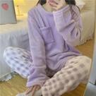 Conjunto De Pijama Feminino Quente De Plush Com Gola Redonda E Manga Longa, Estampa Fofa, Roupas
