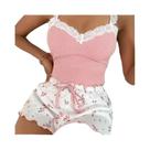 Conjunto De Pijama Feminino Rosa Com Renda E Decote V, Camisola Sexy, Top Cami E Shorts Estampados,
