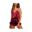 Conjunto De Pijama Feminino Sensual De Seda E Cetim Com Top Cami Decote V E Shorts Com Babados,