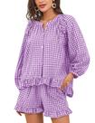 Conjunto de pijama Flygo Gingham de 2 peças para mulheres de algodão roxo Conjunto de pijama Flygo Gingham de 2 peças para mulheres de algodão roxo