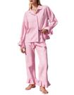 Conjunto de pijama Flygo Gingham de algodão xadrez de manga com babados rosa XS Conjunto de pijama Flygo Gingham de algodão xadrez de manga com babados rosa XS