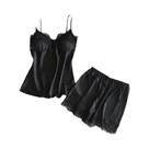 Conjunto De Pijama Sexy Em Cetim Para Mulheres Com Decote Em V, Laço De Renda E Shorts Elásticos