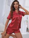 Conjunto De Pijamas De Seda Satinada Para Mulheres, Camisa De Manga Curta Com Botões E Shorts,