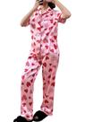 Conjunto de pijamas femininos de cetim de seda, 2 peças com estampa de coração