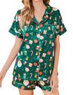 Conjunto de pijamas femininos de cetim de seda Ekouaer, manga curta, verde