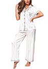 Conjunto de pijamas femininos de cetim Pajamigols, listrado de seda, branco, GG